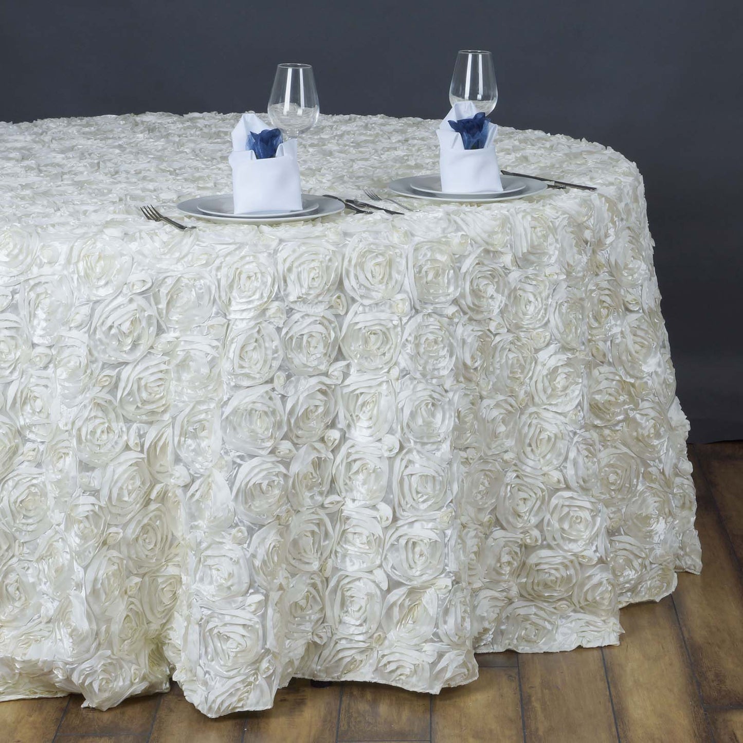Satin 132" Round Tablecloth Ivory - Seamless Grandiose 3D Rosette Table Cover - Linen Luxes