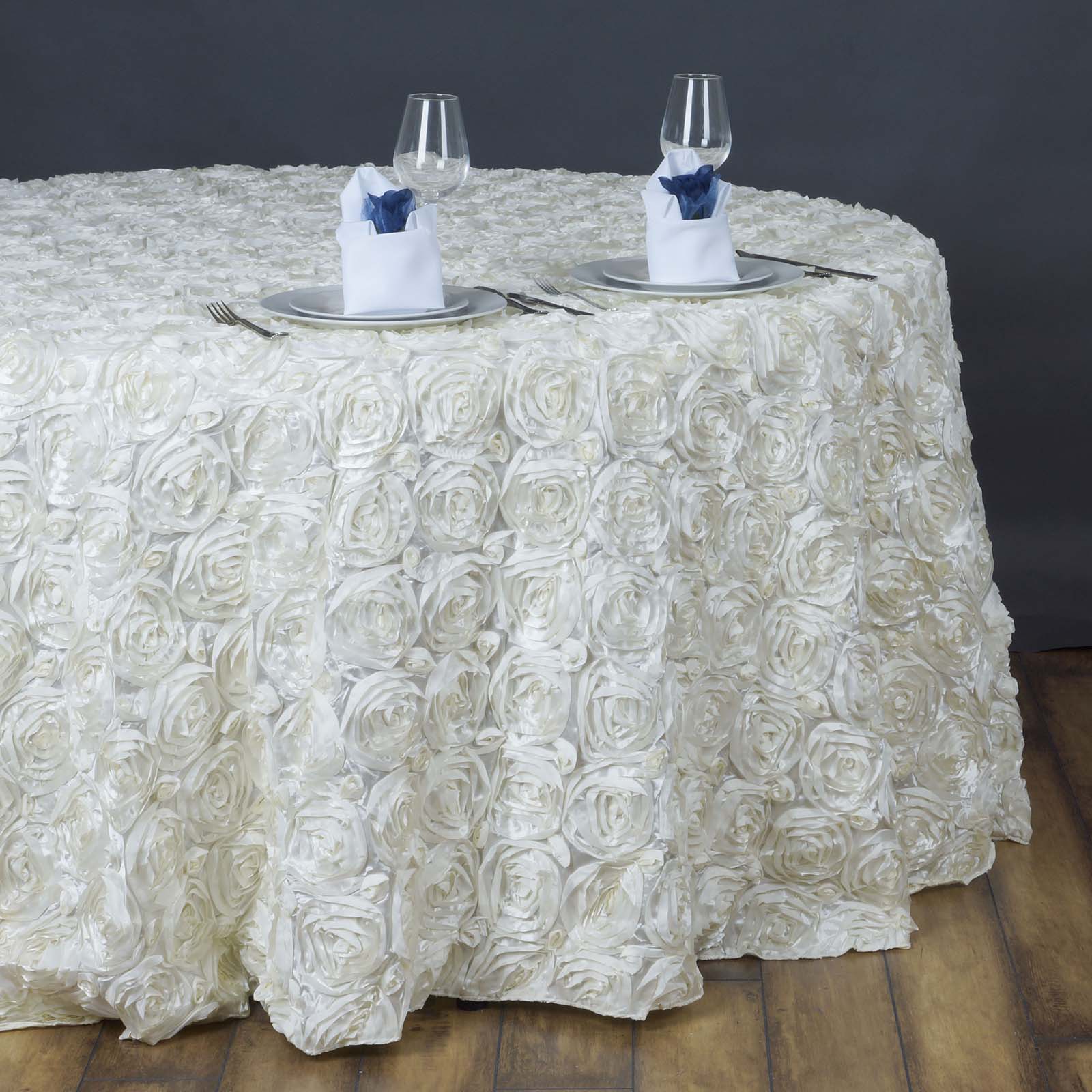 Satin 132" Round Tablecloth Ivory - Seamless Grandiose 3D Rosette Table Cover - Linen Luxes