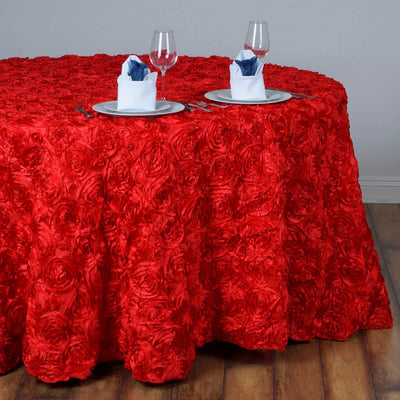 Satin 132" Round Tablecloth Red - Seamless Grandiose 3D Rosette Table Cover - Linen Luxes