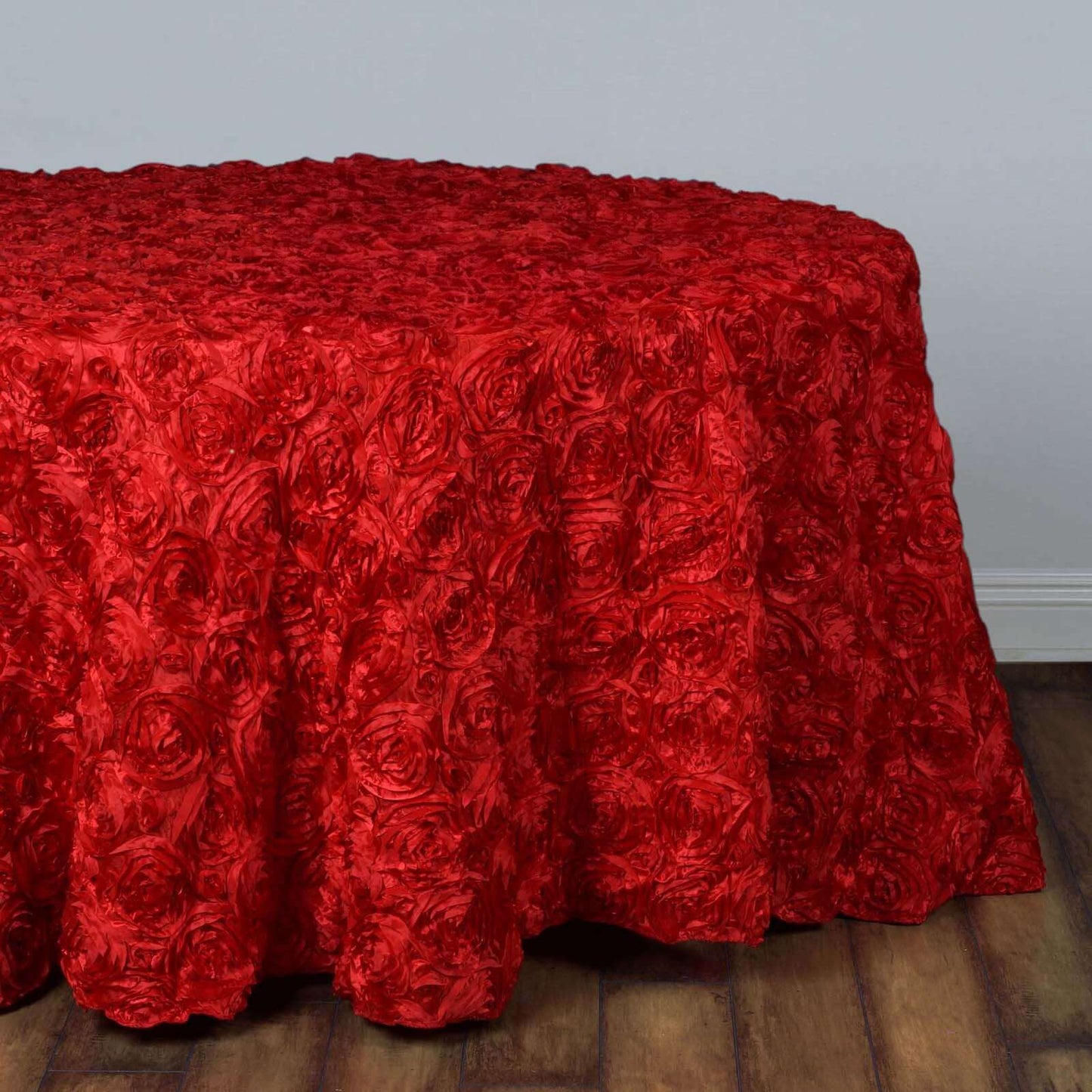 Satin 132" Round Tablecloth Red - Seamless Grandiose 3D Rosette Table Cover - Linen Luxes