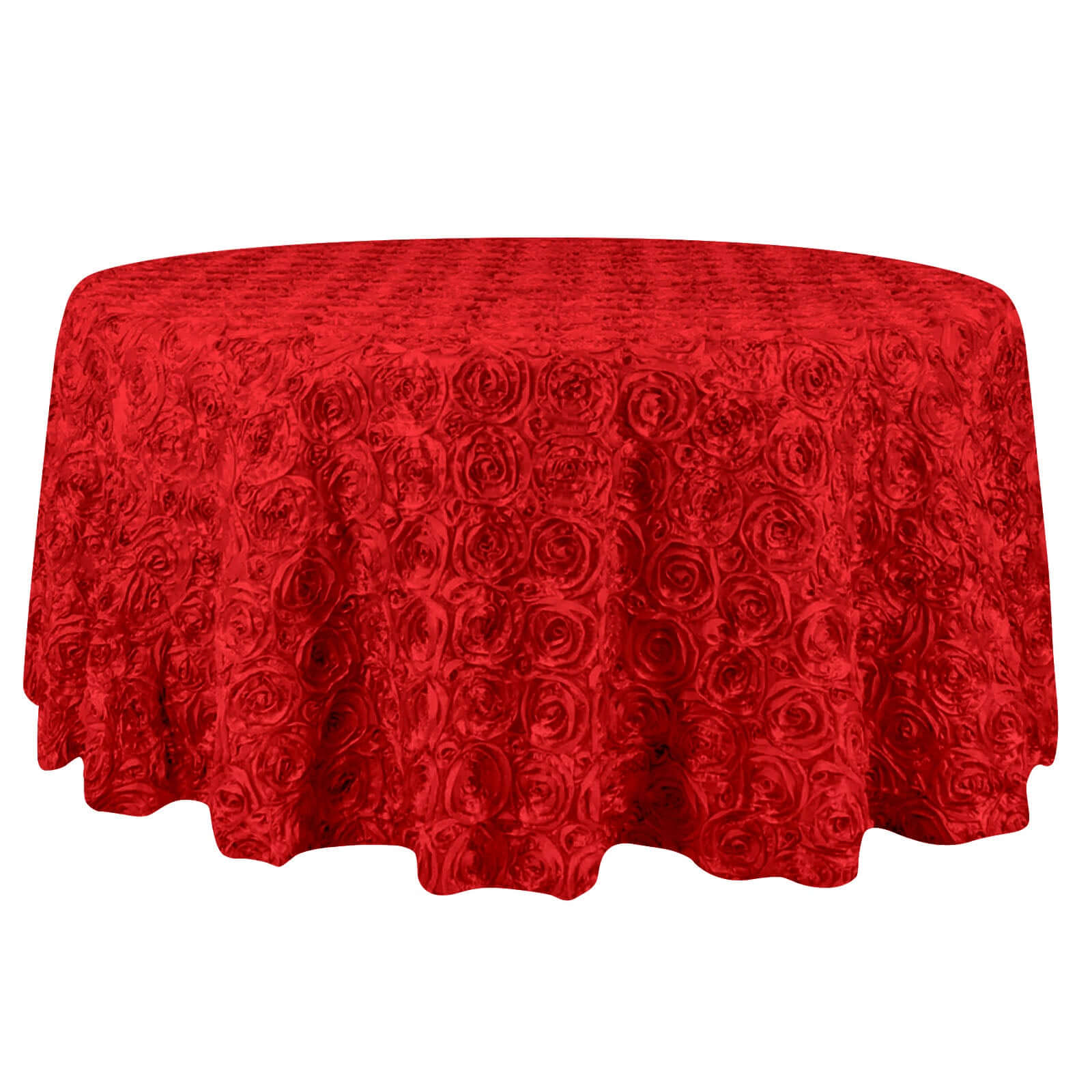 Satin 132" Round Tablecloth Red - Seamless Grandiose 3D Rosette Table Cover - Linen Luxes