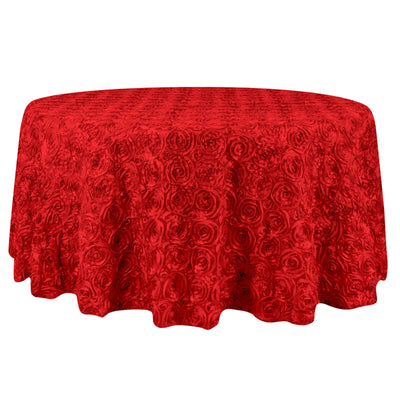 Satin 132" Round Tablecloth Red - Seamless Grandiose 3D Rosette Table Cover - Linen Luxes