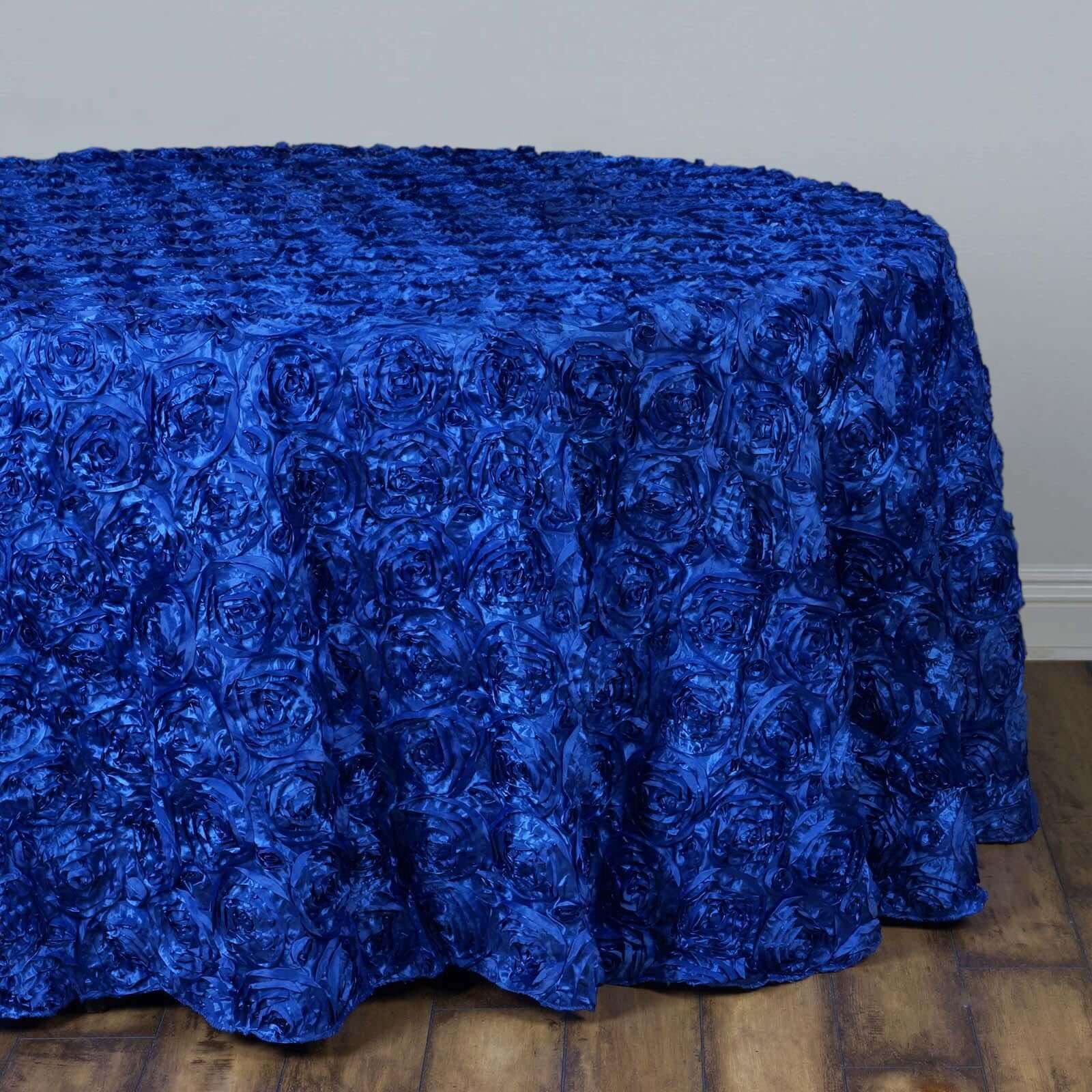 Satin 132" Round Tablecloth Royal Blue - Seamless Grandiose 3D Rosette Table Cover - Linen Luxes