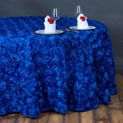 Satin 132" Round Tablecloth Royal Blue - Seamless Grandiose 3D Rosette Table Cover - Linen Luxes