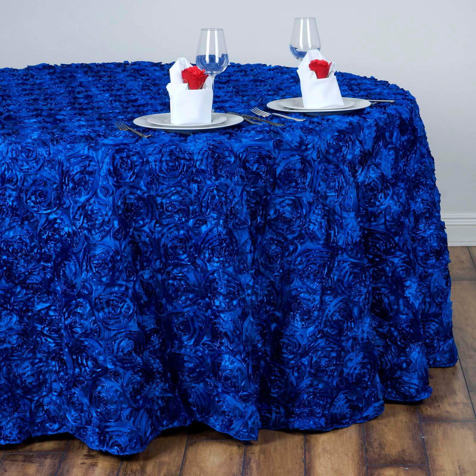 Satin 132" Round Tablecloth Royal Blue - Seamless Grandiose 3D Rosette Table Cover - Linen Luxes