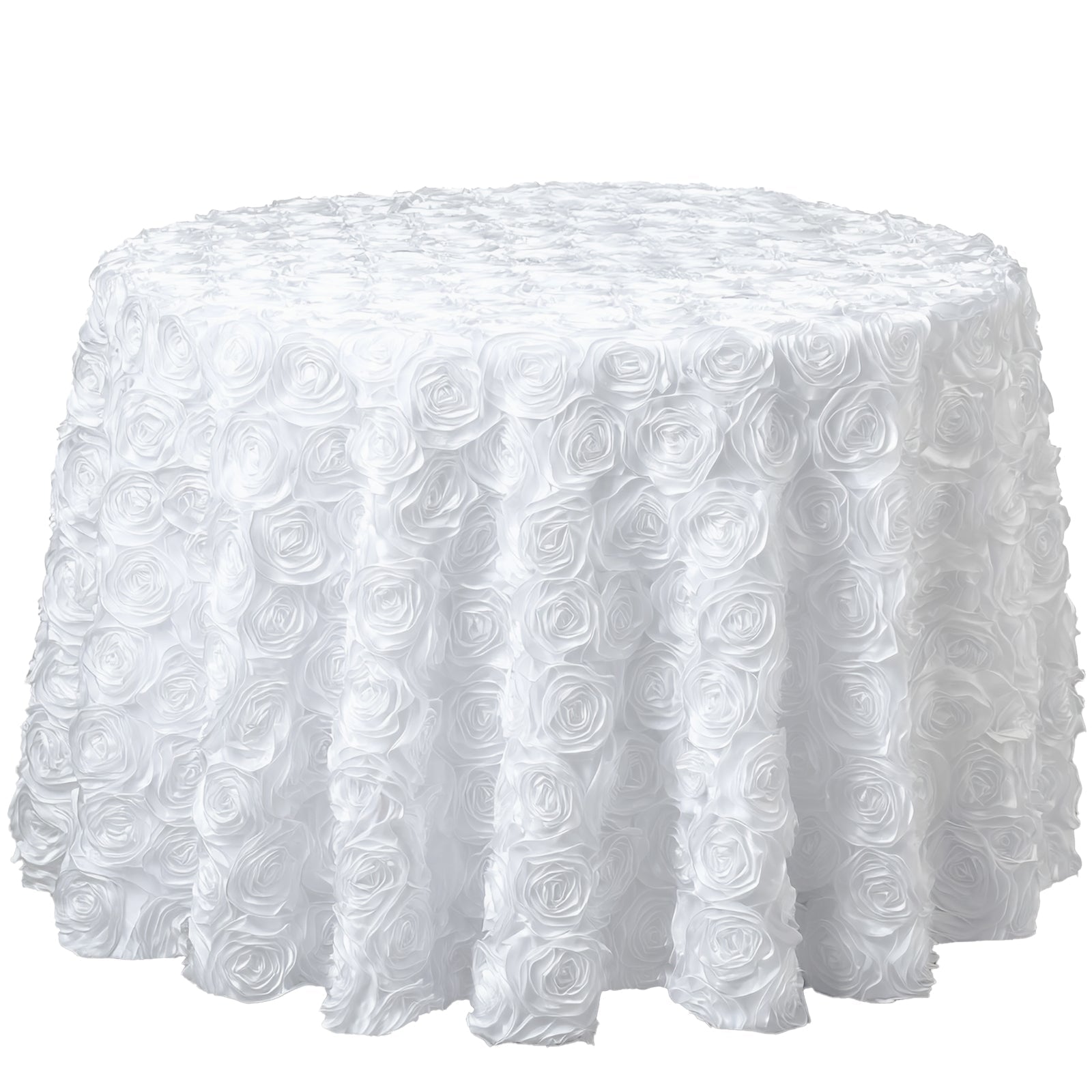 Satin 132" Round Tablecloth White - Grandiose 3D Rosette Design with Seamless Finish for Chic Occasions - Linen Luxes