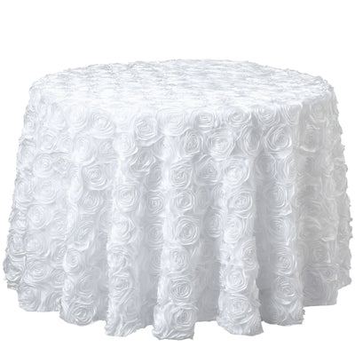 Satin 132" Round Tablecloth White - Grandiose 3D Rosette Design with Seamless Finish for Chic Occasions - Linen Luxes