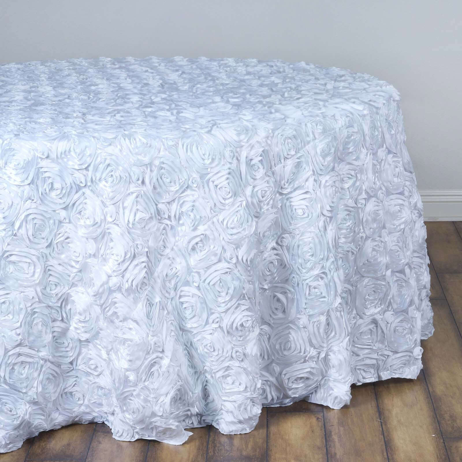 Satin 132" Round Tablecloth White - Grandiose 3D Rosette Design with Seamless Finish for Chic Occasions - Linen Luxes