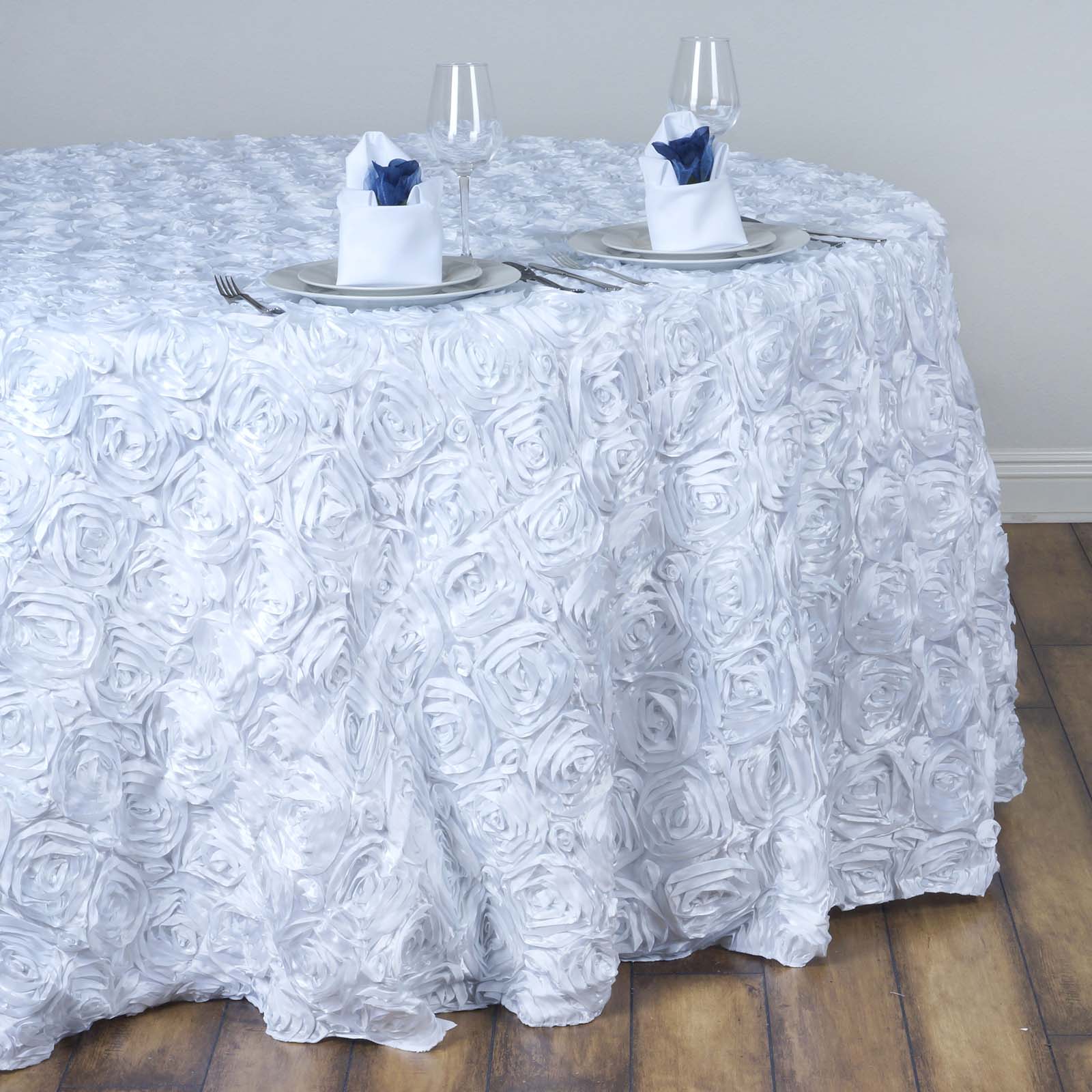 Satin 132" Round Tablecloth White - Grandiose 3D Rosette Design with Seamless Finish for Chic Occasions - Linen Luxes