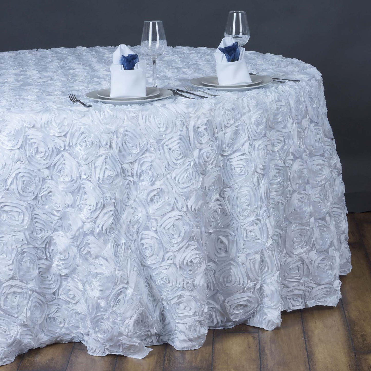 Satin 132" Round Tablecloth White - Grandiose 3D Rosette Design with Seamless Finish for Chic Occasions - Linen Luxes