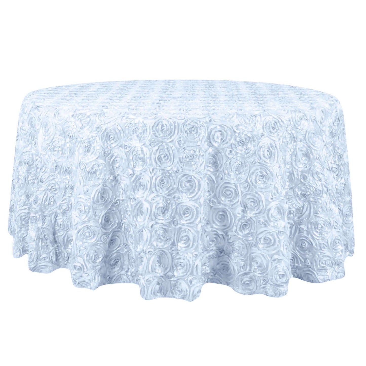 Satin 132" Round Tablecloth White - Grandiose 3D Rosette Design with Seamless Finish for Chic Occasions - Linen Luxes