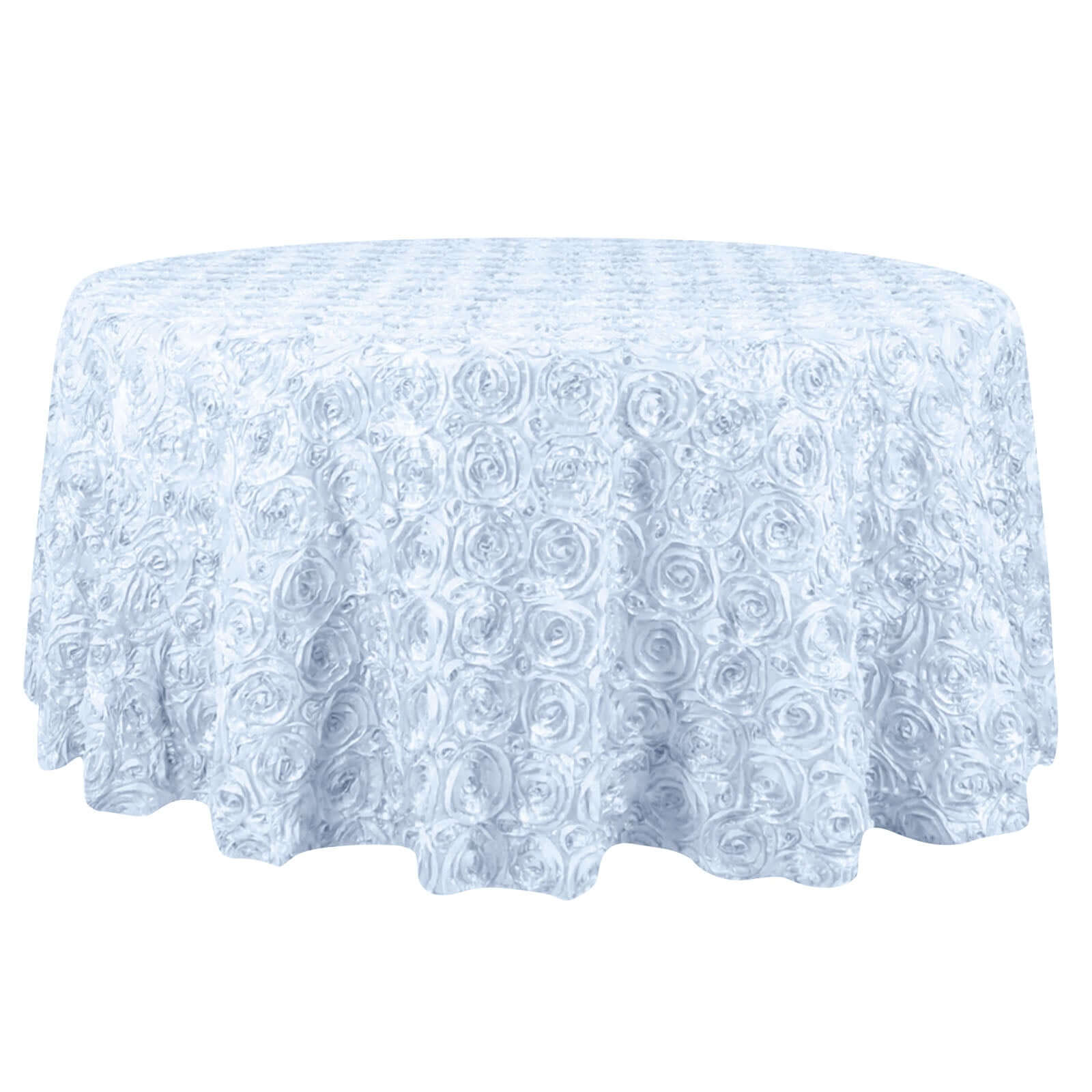 Satin 132" Round Tablecloth White - Grandiose 3D Rosette Design with Seamless Finish for Chic Occasions - Linen Luxes