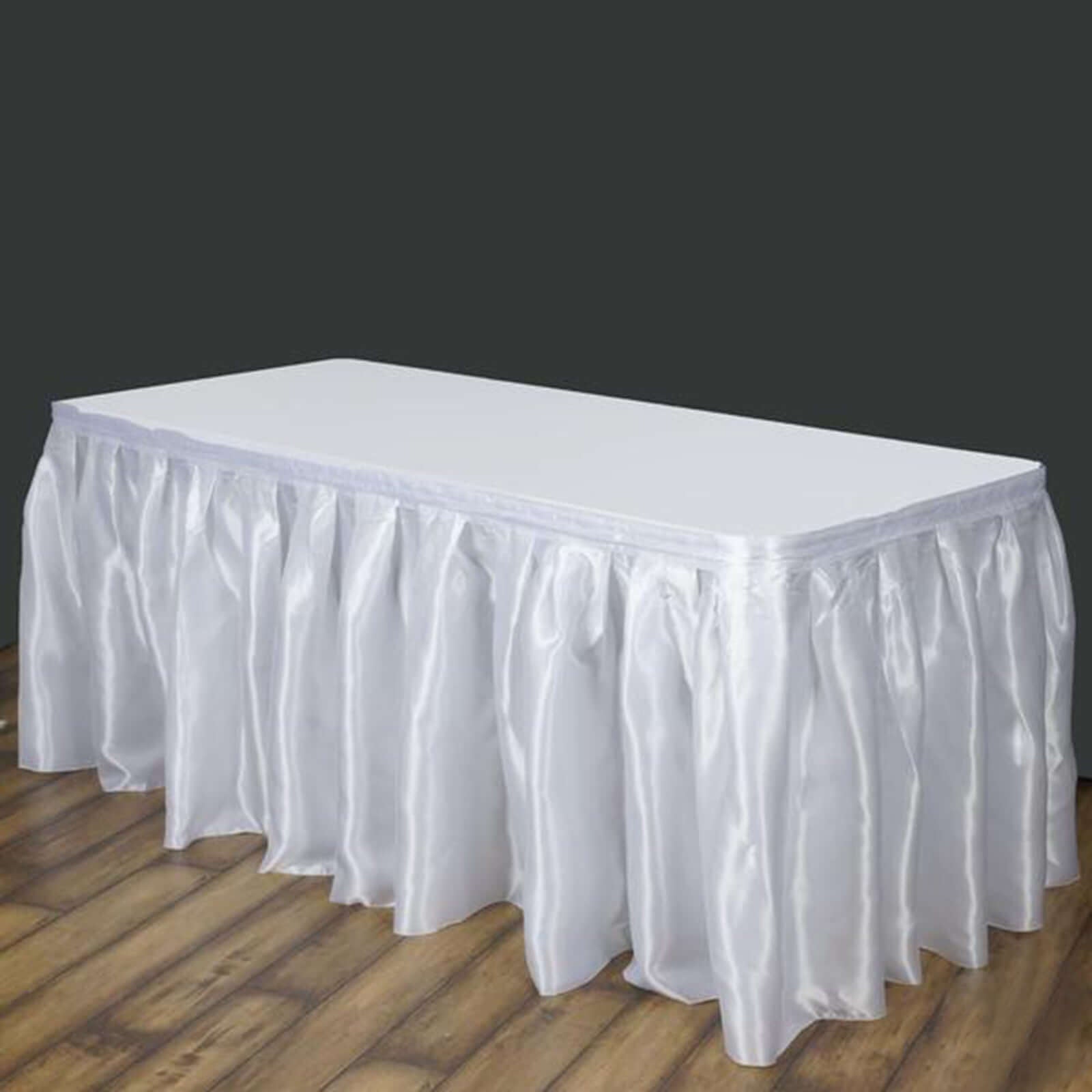 Satin 14ft Table Skirt White - Exquisite Pleated Wedding Table Decor - Linen Luxes