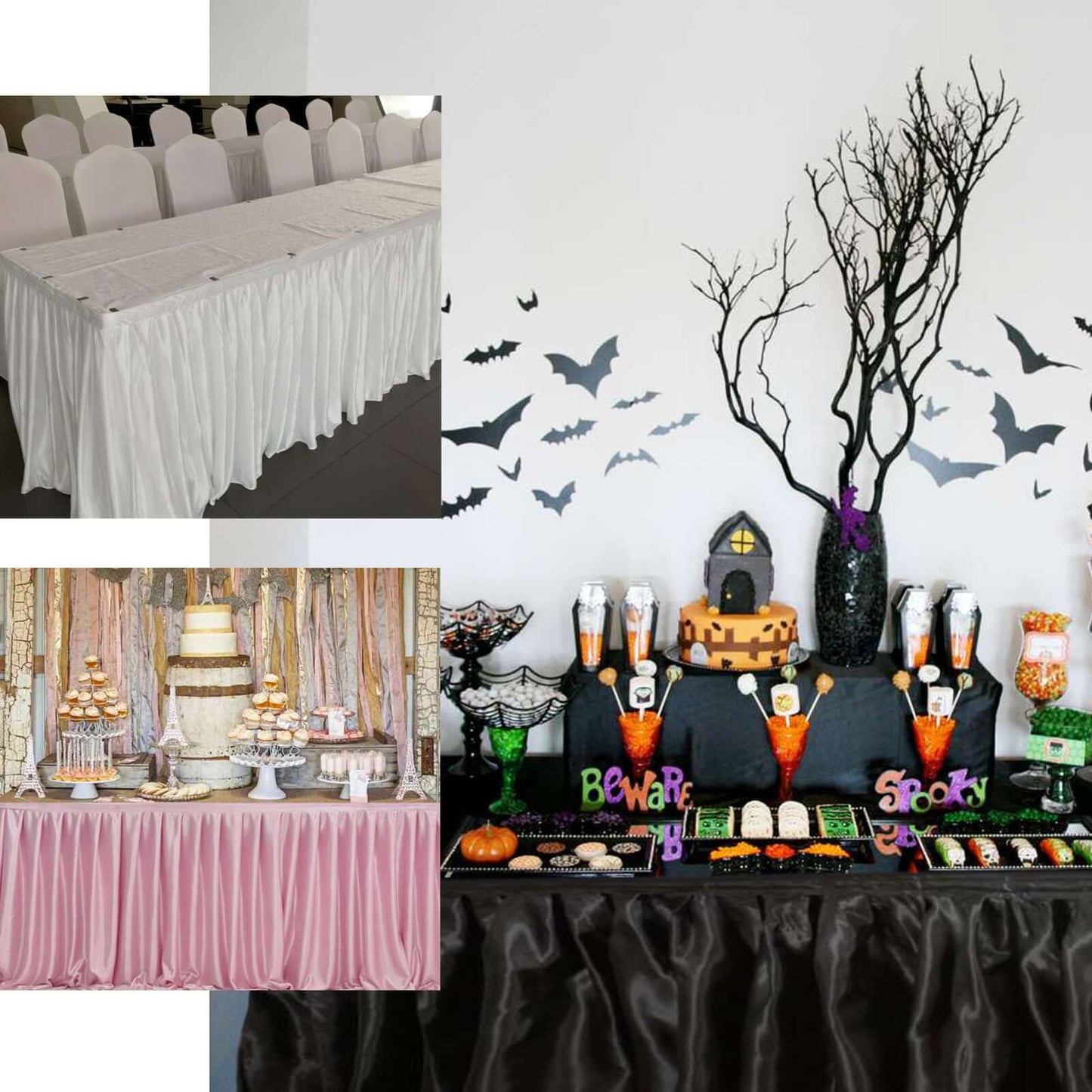 Satin 14ft Table Skirt White - Exquisite Pleated Wedding Table Decor - Linen Luxes