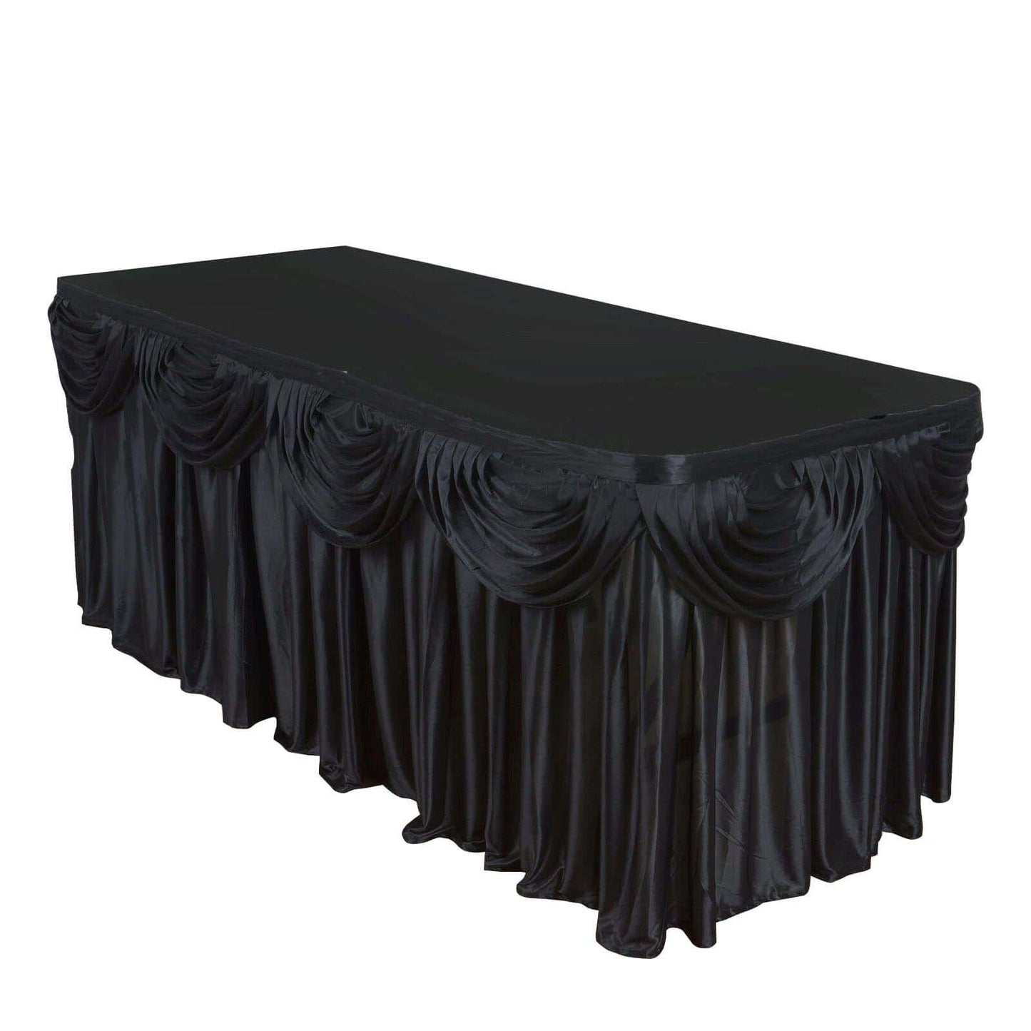 Satin 21ft Table Skirt Black - Pleated Double Drape Table Cover - Linen Luxes