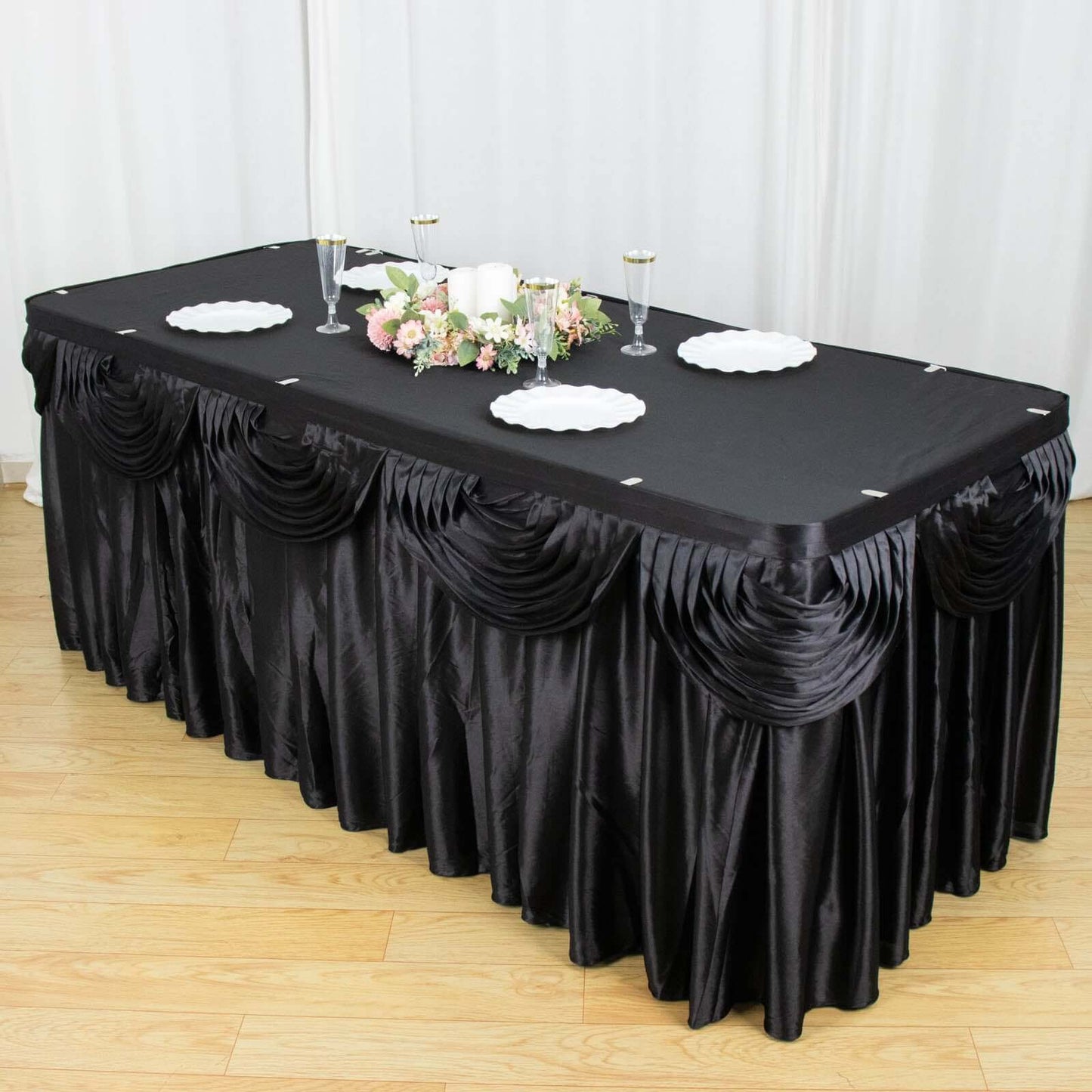 Satin 21ft Table Skirt Black - Pleated Double Drape Table Cover - Linen Luxes