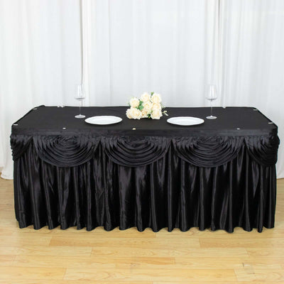 Satin 21ft Table Skirt Black - Pleated Double Drape Table Cover - Linen Luxes