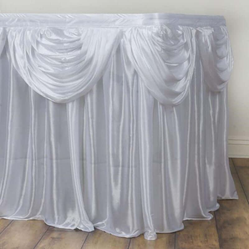 Satin 21ft Table Skirt White Pleated Double Drape Design - Soft & Graceful for Events - Linen Luxes
