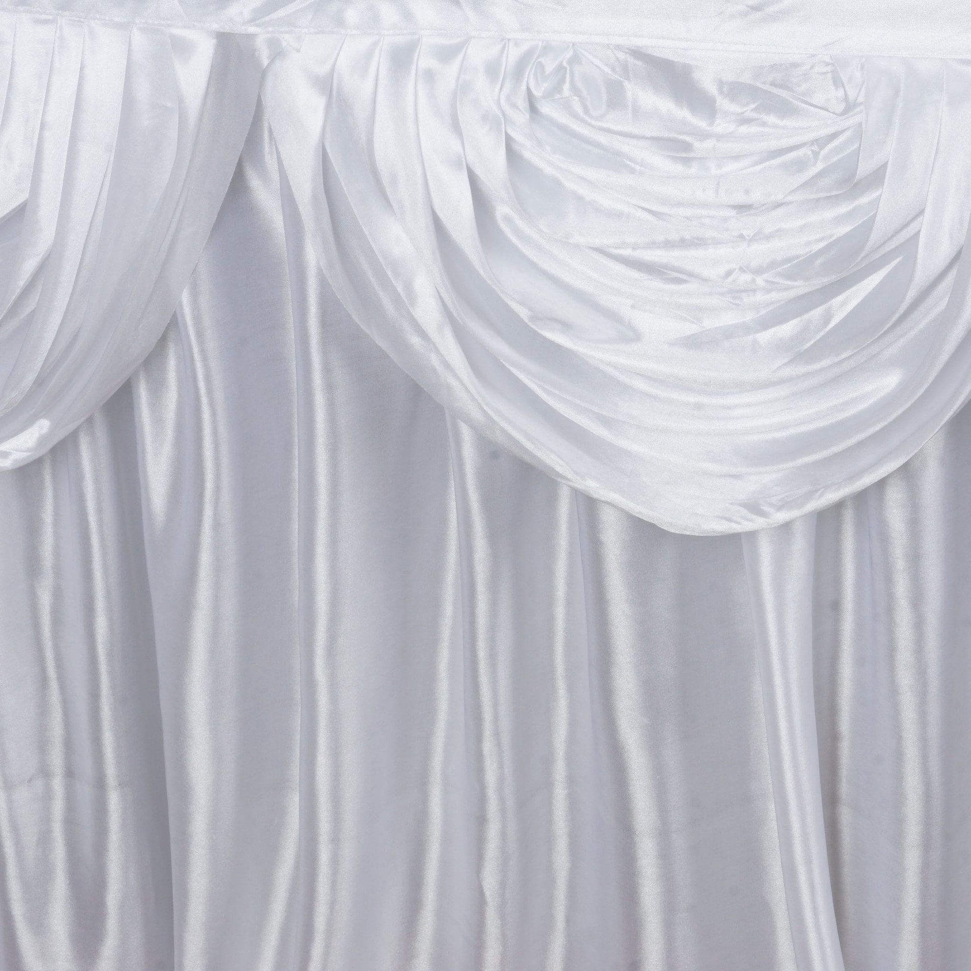 Satin 21ft Table Skirt White Pleated Double Drape Design - Soft & Graceful for Events - Linen Luxes
