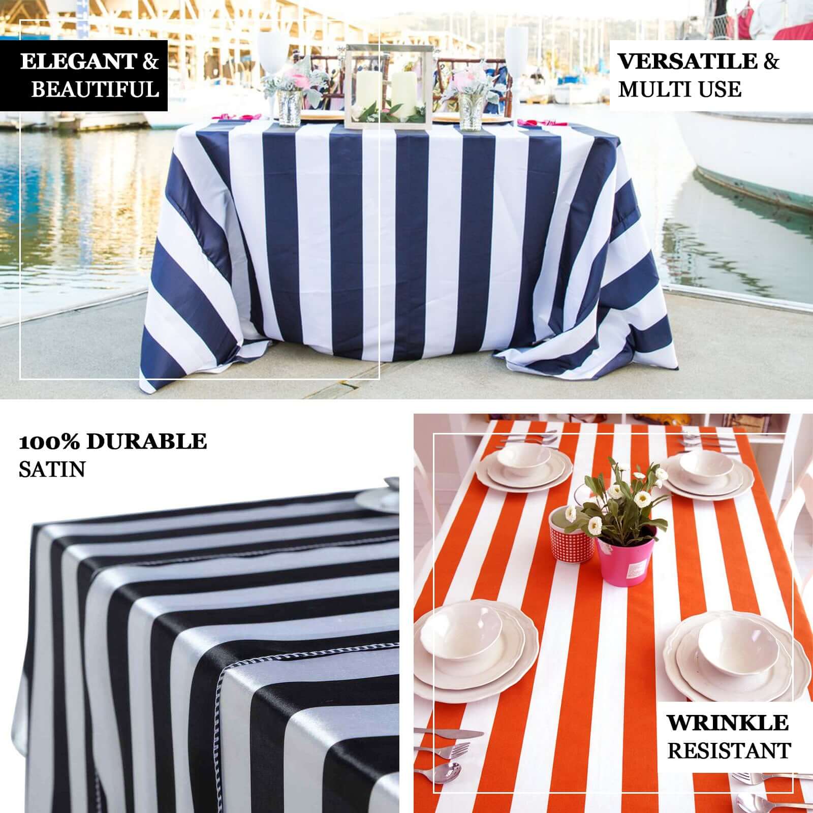 Satin 60"x102" Rectangle Tablecloth Black/White - Stripe Design with Stylish Smooth Finish Table Cover - Linen Luxes