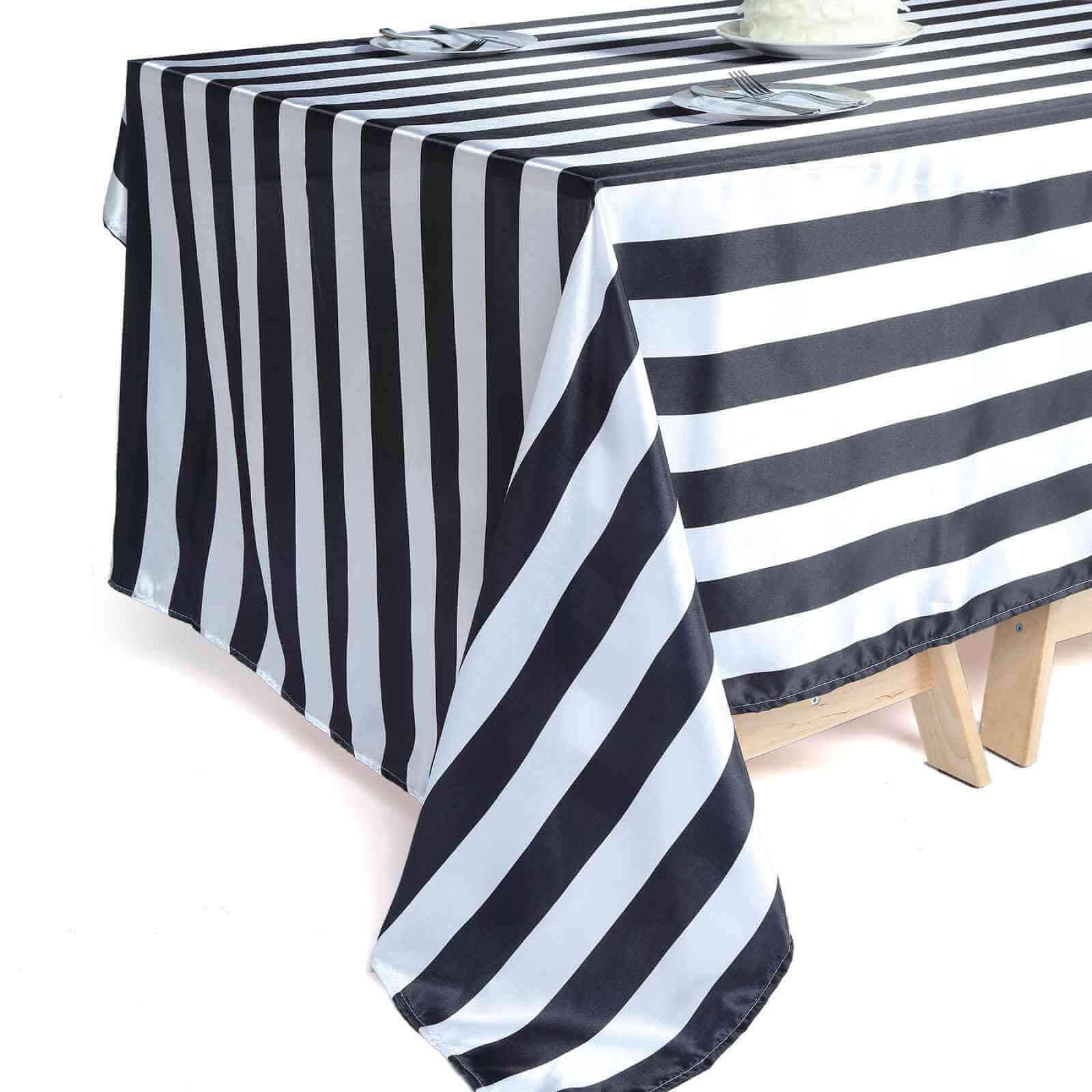 Satin 60"x102" Rectangle Tablecloth Black/White - Stripe Design with Stylish Smooth Finish Table Cover - Linen Luxes