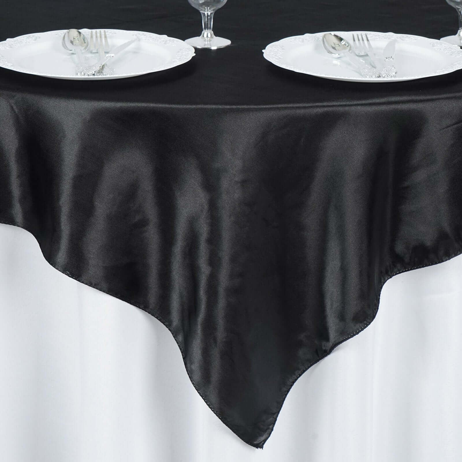 Satin 60"x60" Table Overlay Square Tablecloth Black - Smooth Silky Touch Table Cover for Sophisticated Events - Linen Luxes