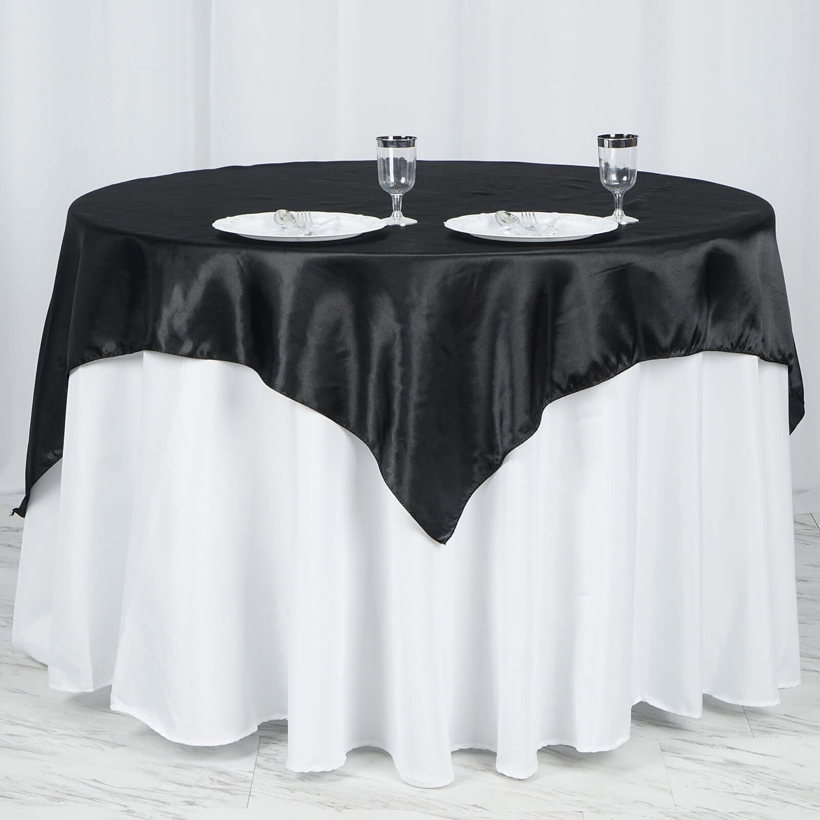 Satin 60"x60" Table Overlay Square Tablecloth Black - Smooth Silky Touch Table Cover for Sophisticated Events - Linen Luxes