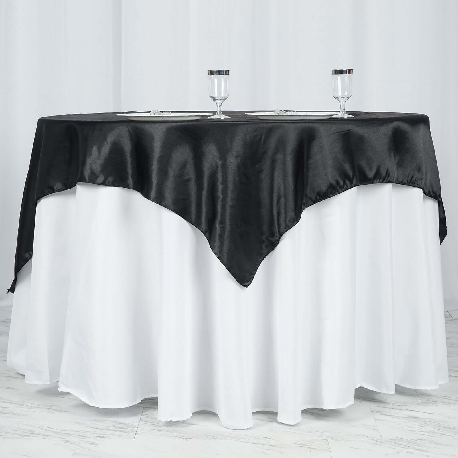 Satin 60"x60" Table Overlay Square Tablecloth Black - Smooth Silky Touch Table Cover for Sophisticated Events - Linen Luxes