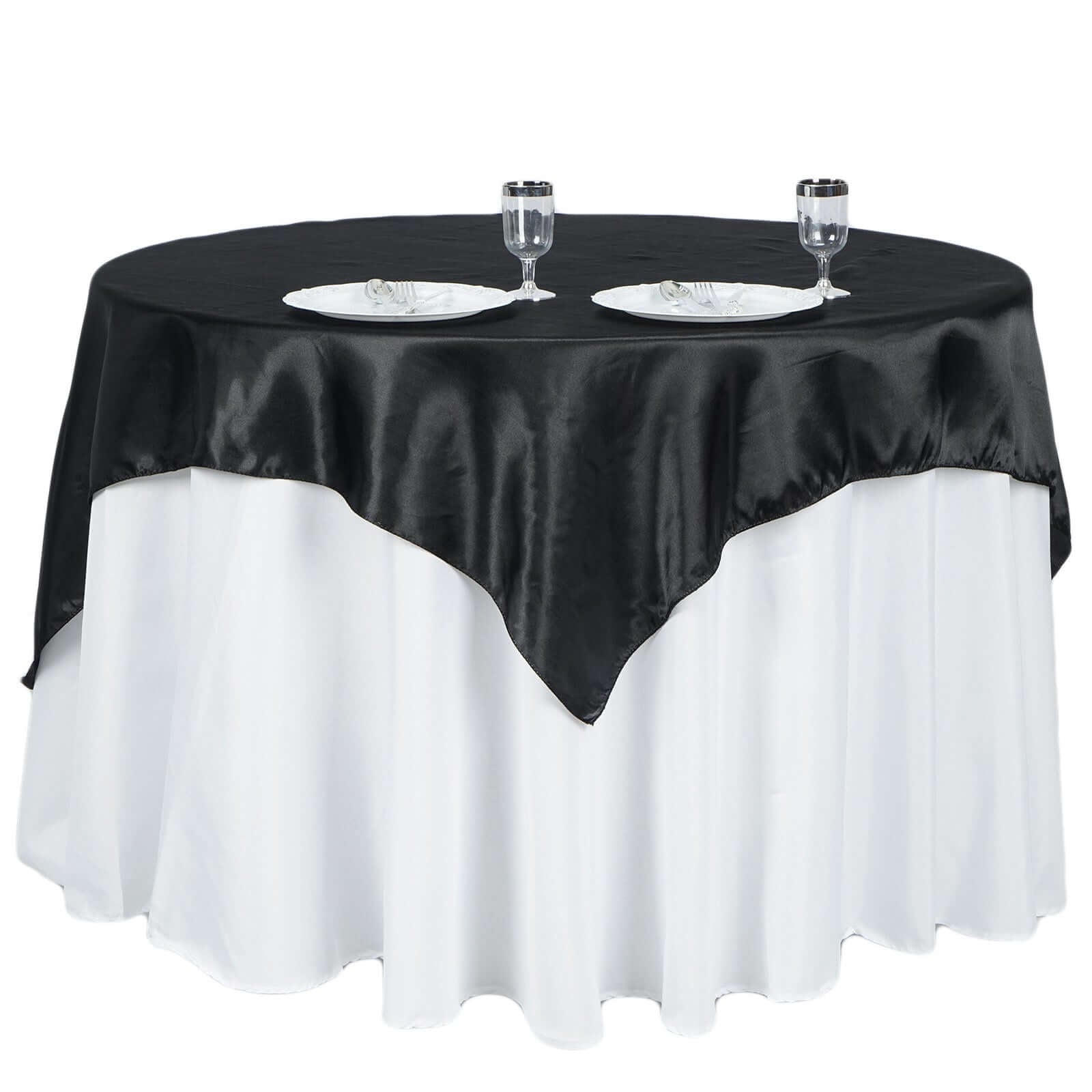 Satin 60"x60" Table Overlay Square Tablecloth Black - Smooth Silky Touch Table Cover for Sophisticated Events - Linen Luxes