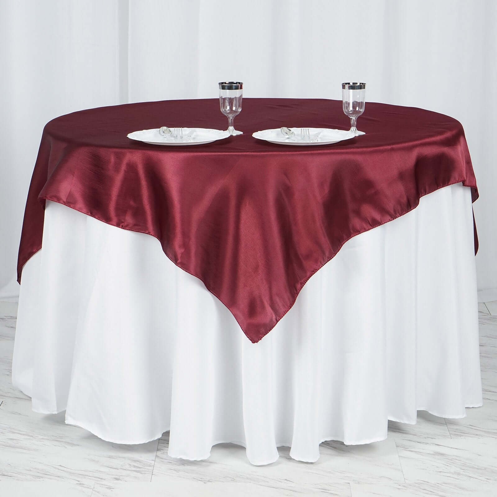 Satin 60"x60" Table Overlay Square Tablecloth Burgundy - Smooth Silky Touch Table Cover - Linen Luxes