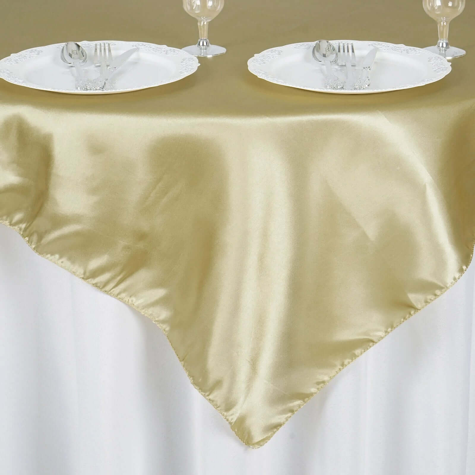 Satin 60"x60" Table Overlay Square Tablecloth Champagne - Smooth Silky Touch Table Cover - Linen Luxes