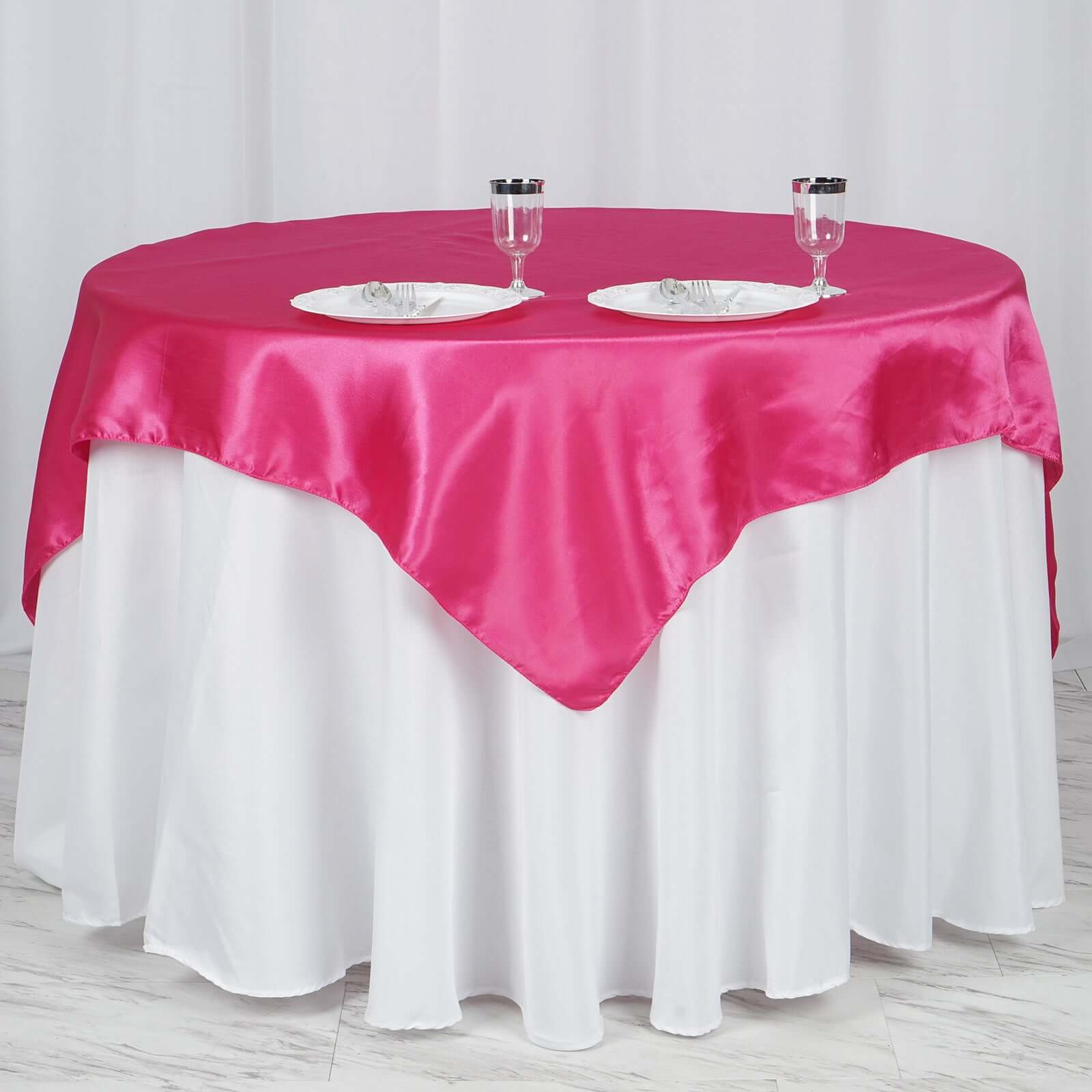 Satin 60"x60" Table Overlay Square Tablecloth Fuchsia - Smooth Silky Touch Table Cover - Linen Luxes