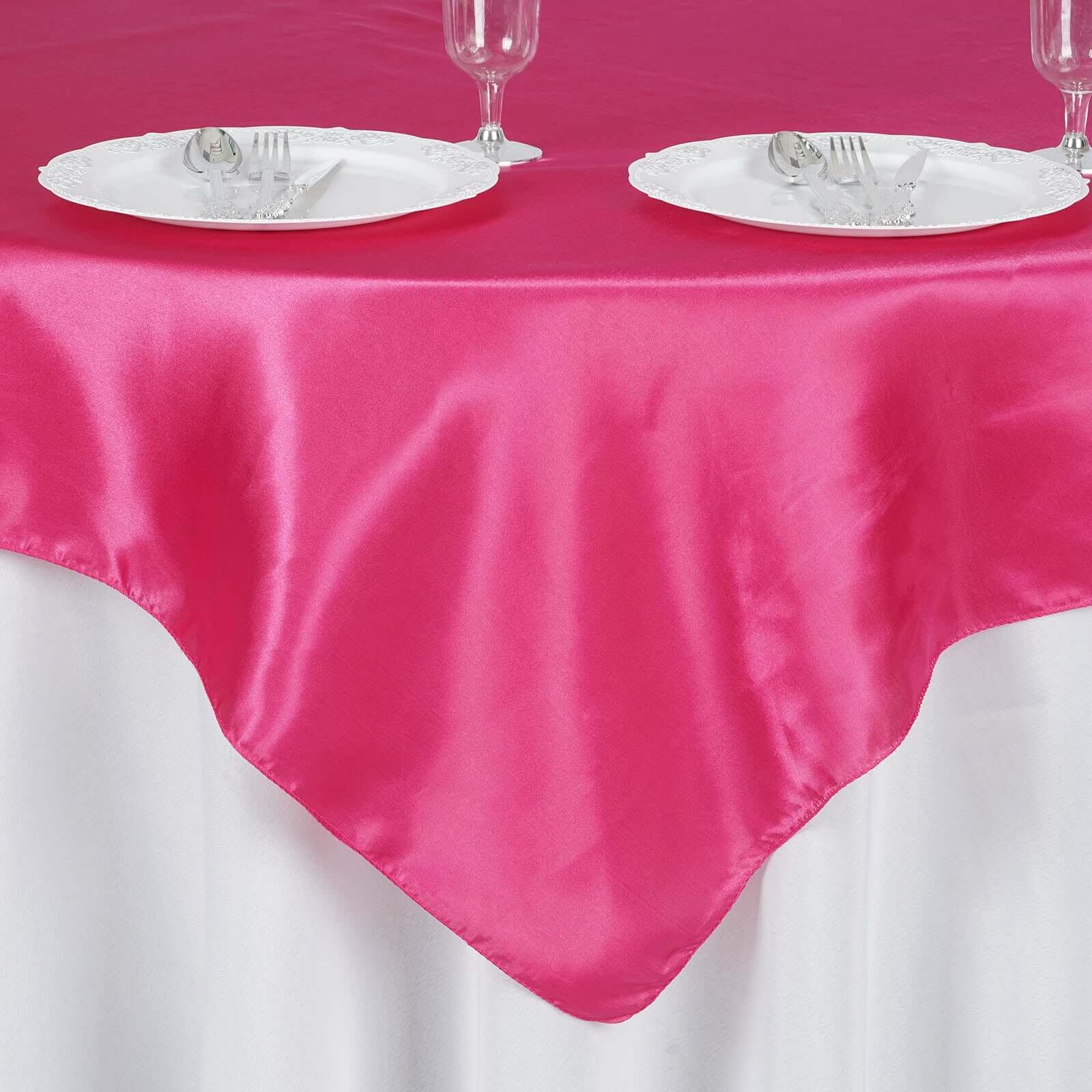 Satin 60"x60" Table Overlay Square Tablecloth Fuchsia - Smooth Silky Touch Table Cover - Linen Luxes