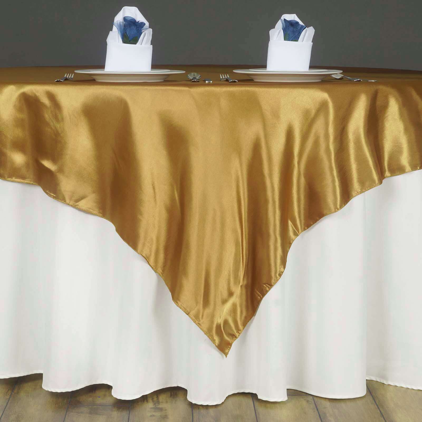 Satin 60"x60" Table Overlay Square Tablecloth Gold - Smooth Silky Touch Table Cover for Sophisticated Events - Linen Luxes
