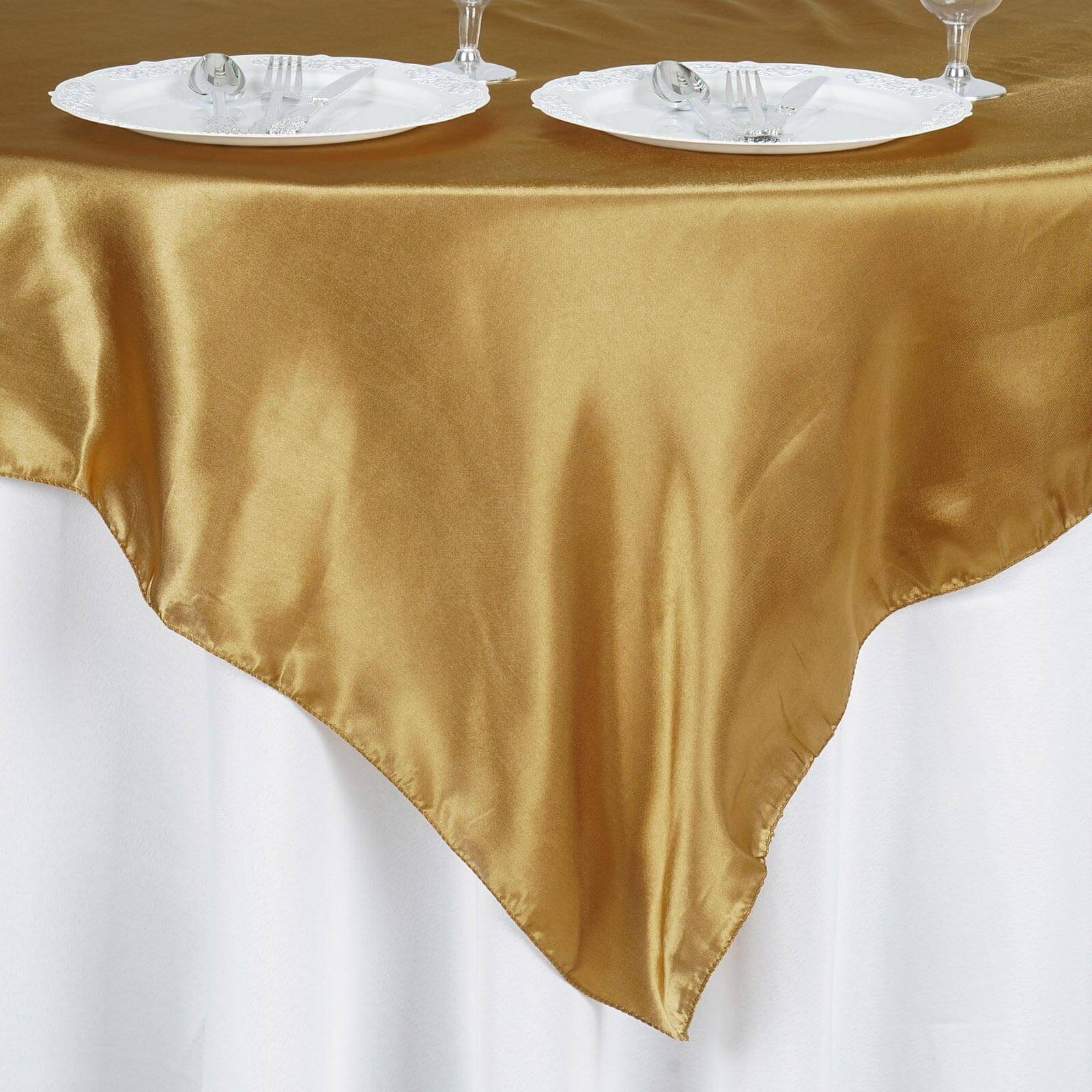 Satin 60"x60" Table Overlay Square Tablecloth Gold - Smooth Silky Touch Table Cover for Sophisticated Events - Linen Luxes
