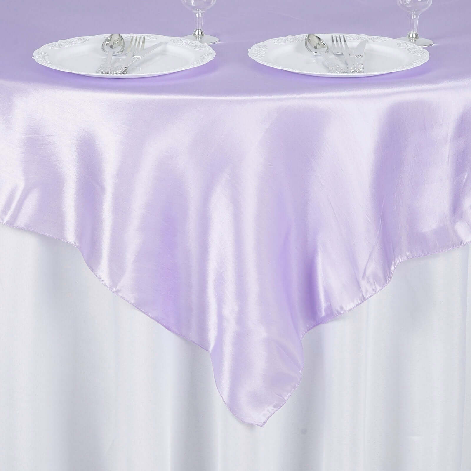 Satin 60"x60" Table Overlay Square Tablecloth Lavender Lilac - Smooth Silky Touch Table Cover - Linen Luxes
