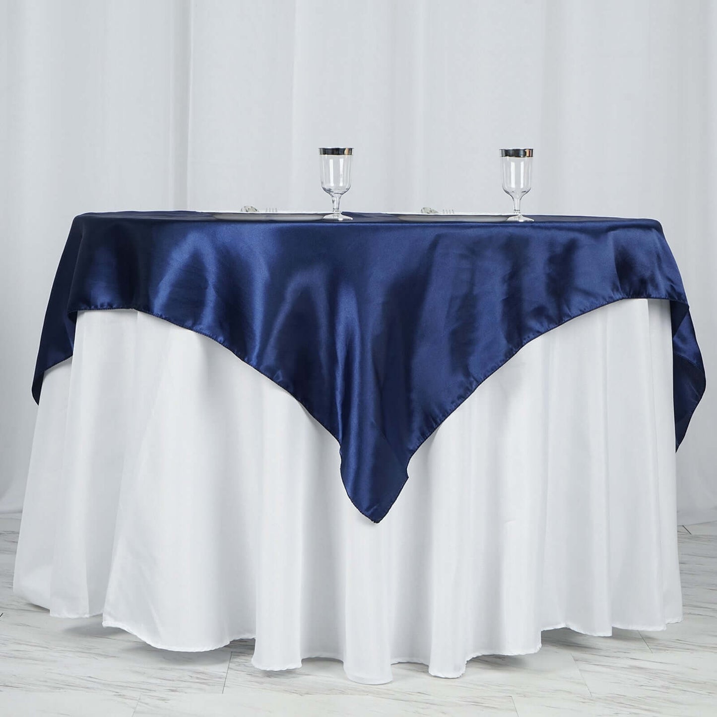 Satin 60"x60" Table Overlay Square Tablecloth Navy Blue - Smooth Silky Touch Table Cover - Linen Luxes