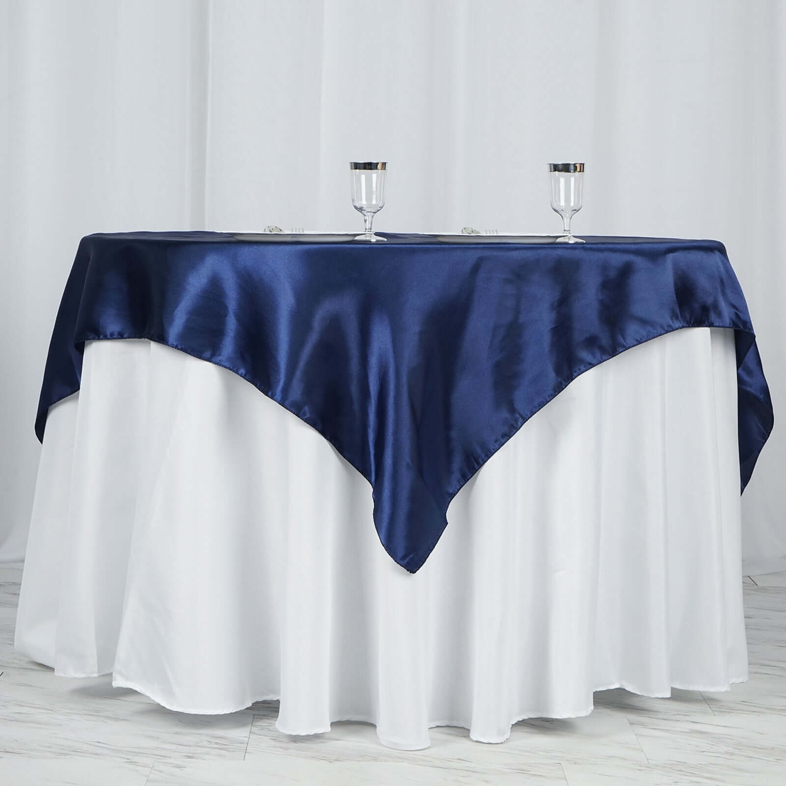 Satin 60"x60" Table Overlay Square Tablecloth Navy Blue - Smooth Silky Touch Table Cover - Linen Luxes