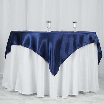 Satin 60"x60" Table Overlay Square Tablecloth Navy Blue - Smooth Silky Touch Table Cover - Linen Luxes