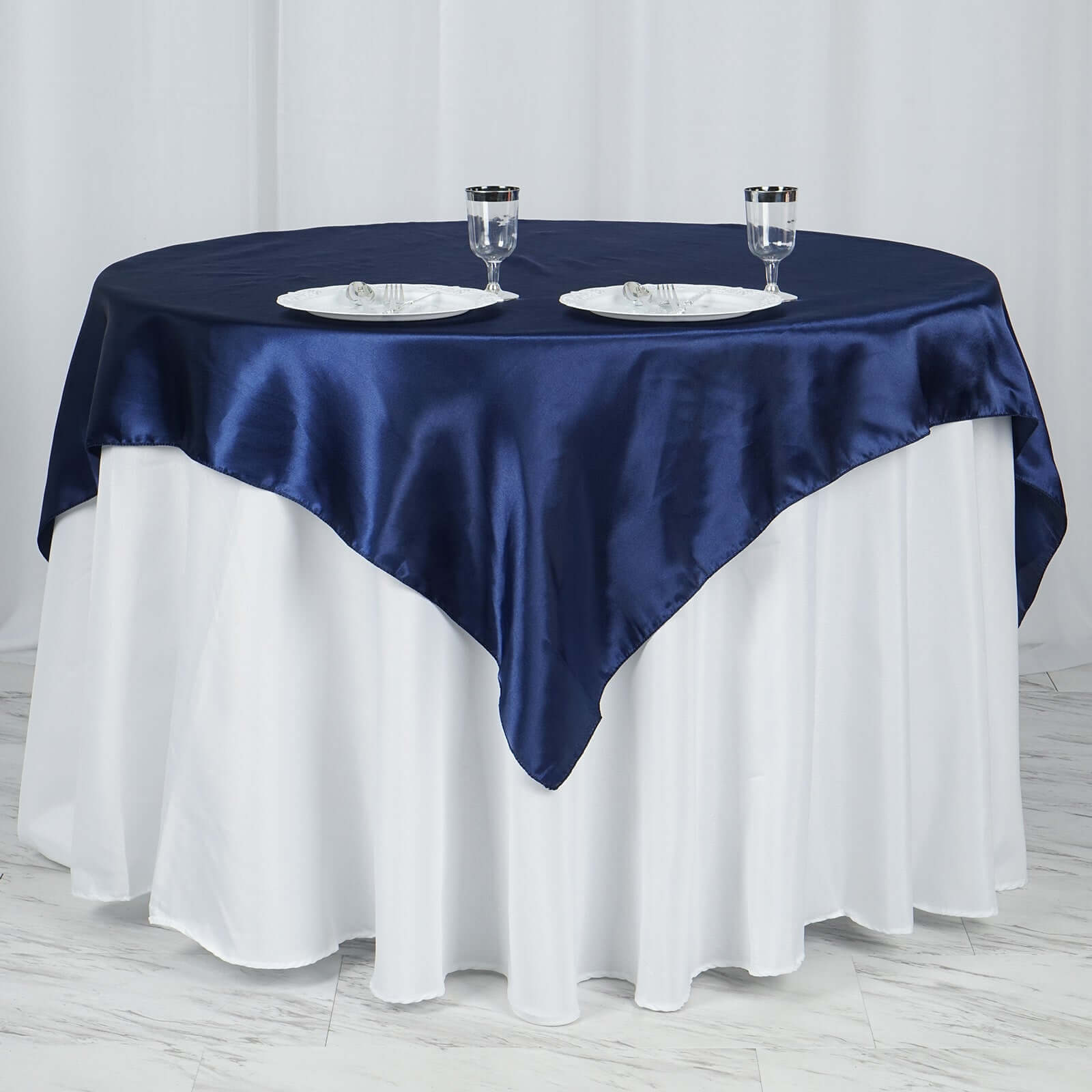 Satin 60"x60" Table Overlay Square Tablecloth Navy Blue - Smooth Silky Touch Table Cover - Linen Luxes