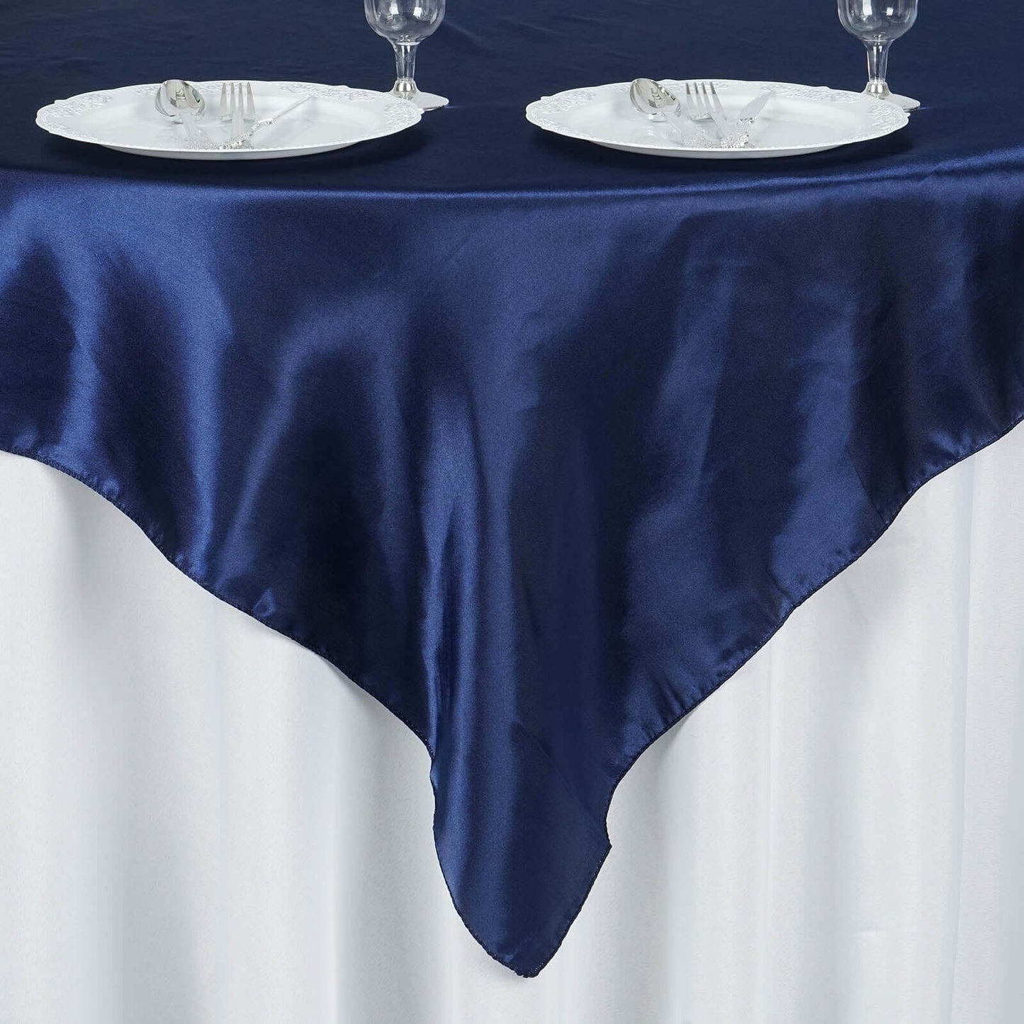 Satin 60"x60" Table Overlay Square Tablecloth Navy Blue - Smooth Silky Touch Table Cover - Linen Luxes