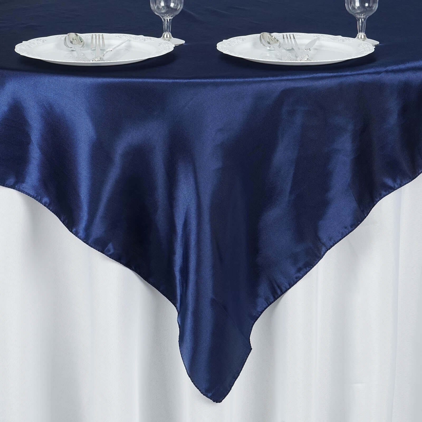 Satin 60"x60" Table Overlay Square Tablecloth Navy Blue - Smooth Silky Touch Table Cover - Linen Luxes