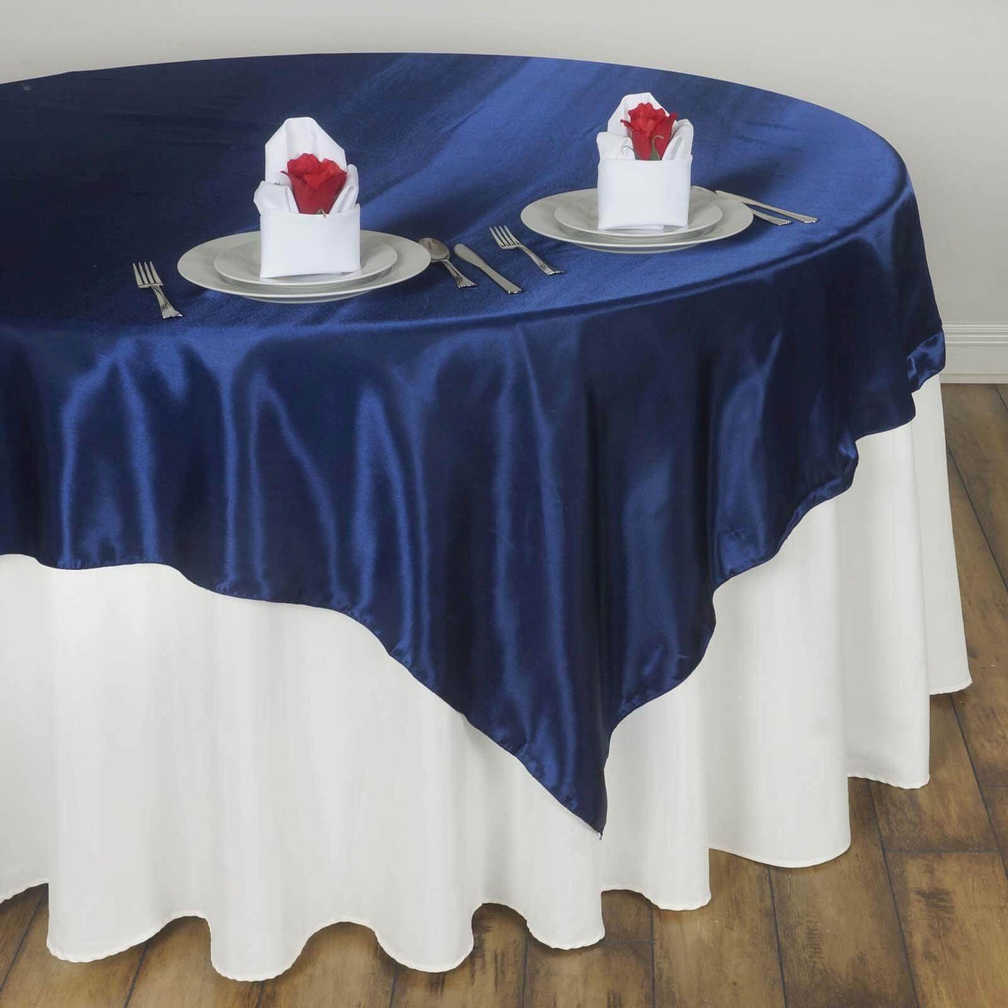 Satin 60"x60" Table Overlay Square Tablecloth Navy Blue - Smooth Silky Touch Table Cover - Linen Luxes