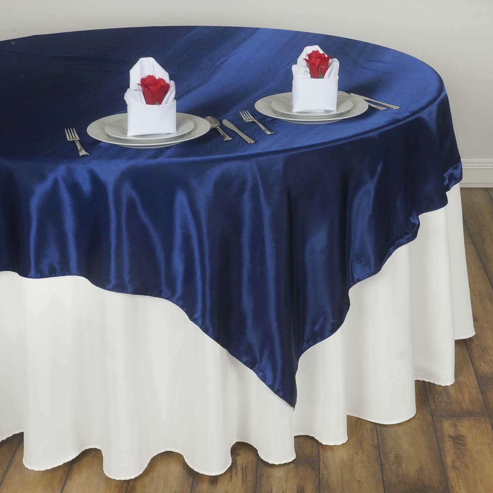 Satin 60"x60" Table Overlay Square Tablecloth Navy Blue - Smooth Silky Touch Table Cover - Linen Luxes