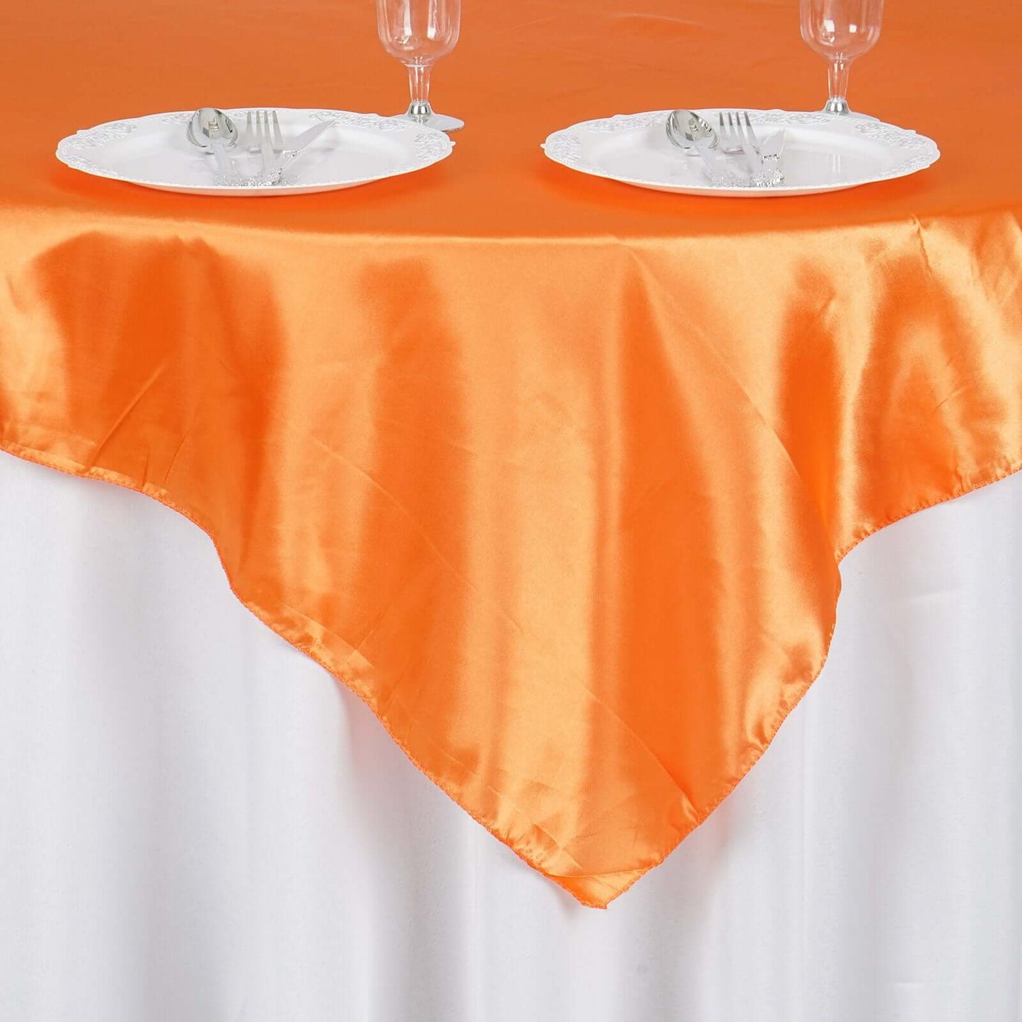 Satin 60"x60" Table Overlay Square Tablecloth Orange - Smooth Silky Touch Table Cover - Linen Luxes