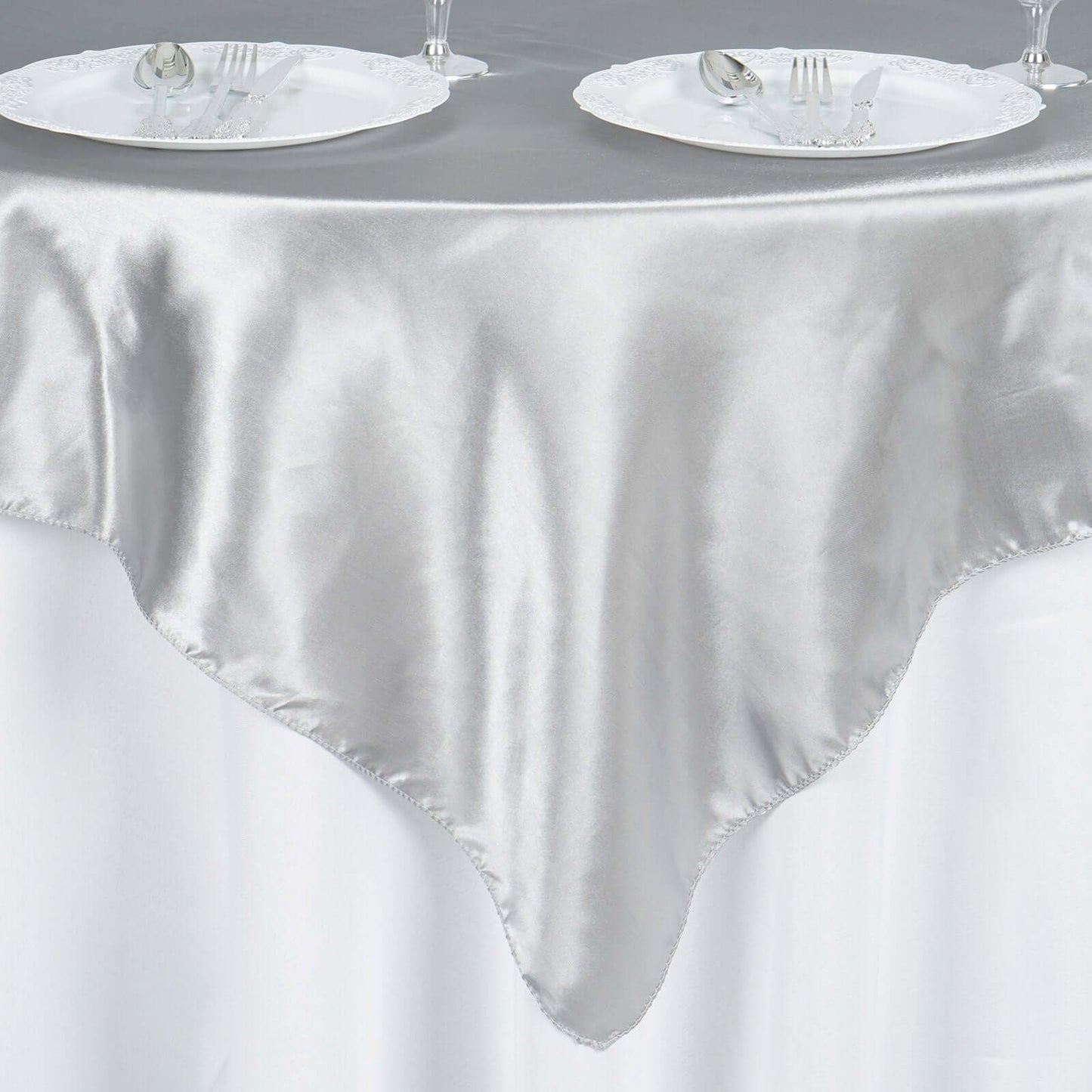 Satin 60"x60" Table Overlay Square Tablecloth Silver - Smooth Silky Touch Table Cover - Linen Luxes