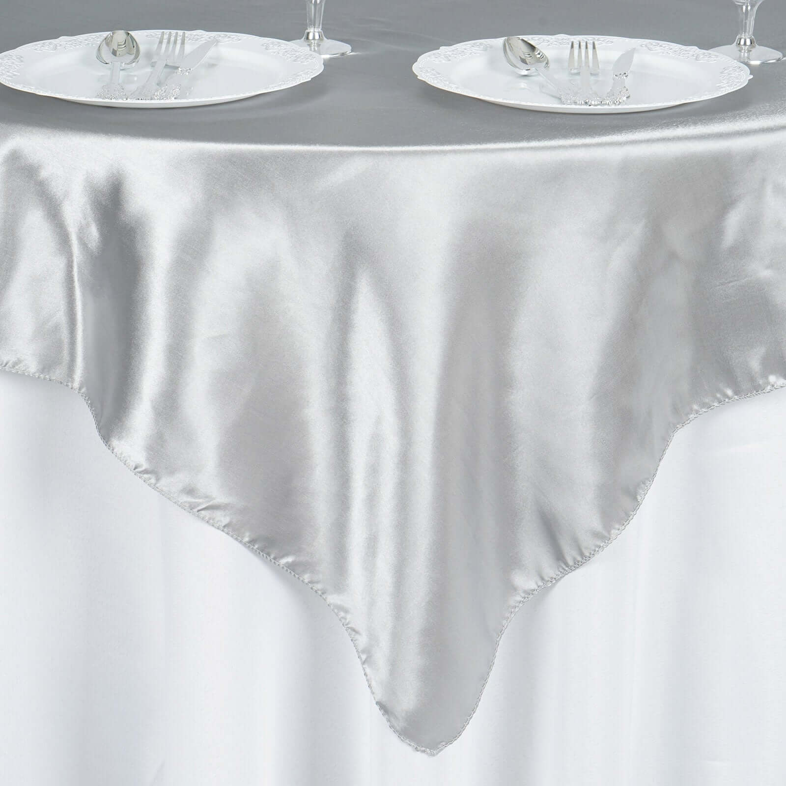 Satin 60"x60" Table Overlay Square Tablecloth Silver - Smooth Silky Touch Table Cover - Linen Luxes