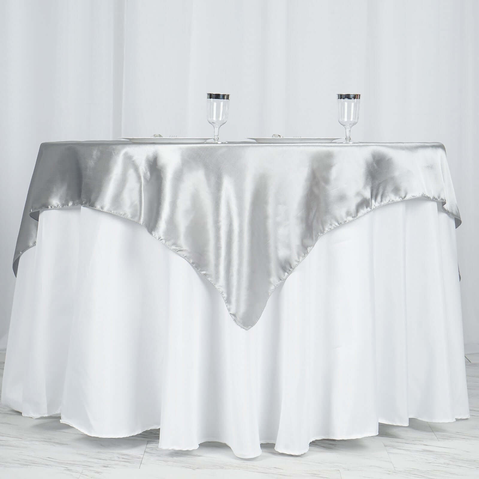 Satin 60"x60" Table Overlay Square Tablecloth Silver - Smooth Silky Touch Table Cover - Linen Luxes