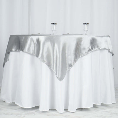 Satin 60"x60" Table Overlay Square Tablecloth Silver - Smooth Silky Touch Table Cover - Linen Luxes