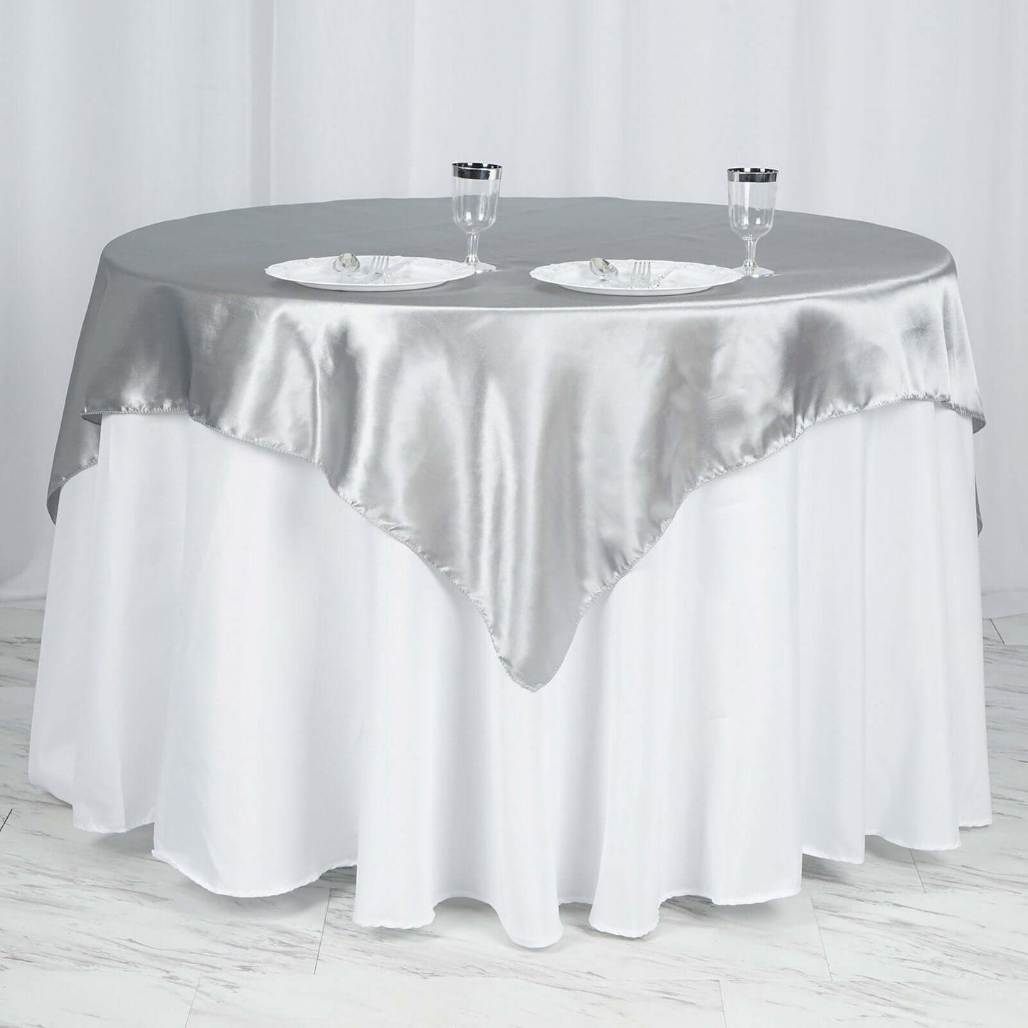 Satin 60"x60" Table Overlay Square Tablecloth Silver - Smooth Silky Touch Table Cover - Linen Luxes
